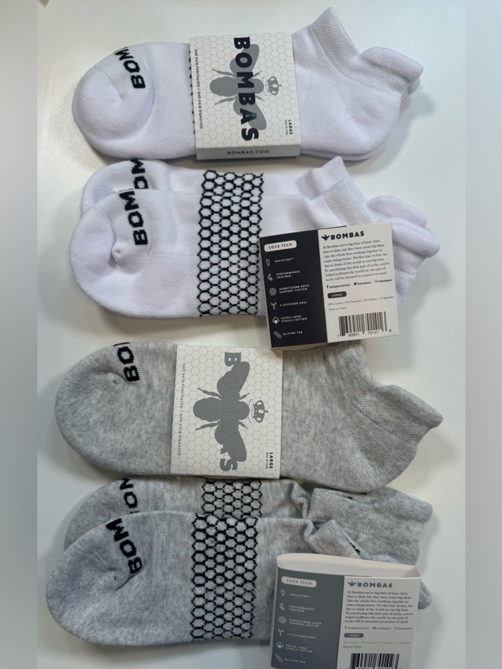 Bombas NWT Unisex Sock Tech 4PR Total 2PR each Light Gray & 2PR White SZ: Large
